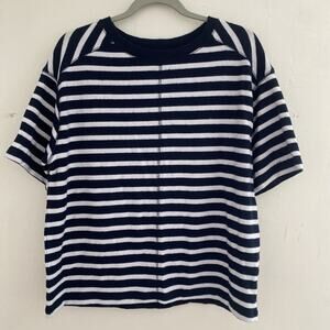 NWT MS Collection Top Womens L Striped Blue Nautical SS Soft Stretch Tee Boxy